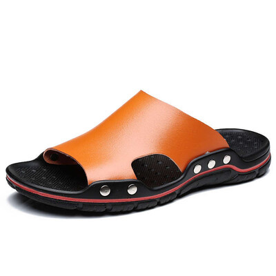 

YONGHENGMEILI Genuine leather mens summer non-slip soft bottom slippers 7139