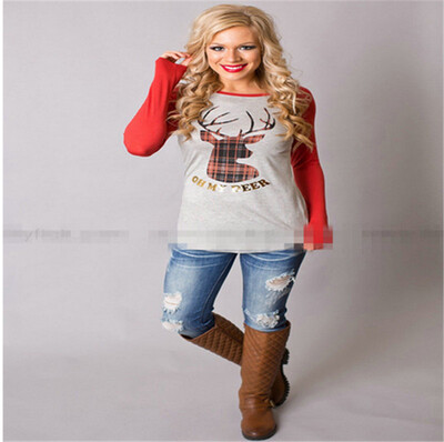 

Christmas Ladies Long Sleeve O-Neck Casual Loose Cotton Tops Deer Print Regular Size Pullover Autumn Clothes T Shirts