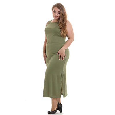

Plus Size Women Dresses Stretch Low Split O Neck Sleeveless Summer Dress