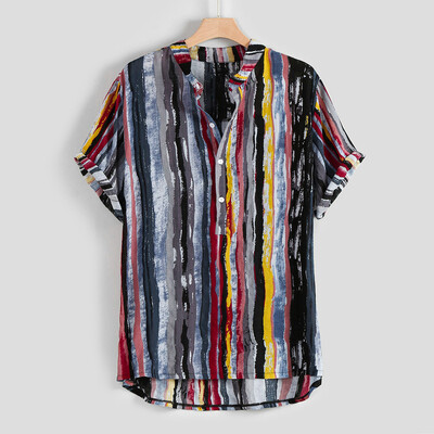 

Tailored Mens Summer Fashion Stand Collar Strip Print Short Sleeve Shirt Top
