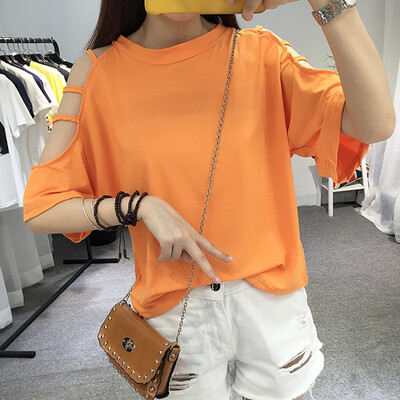 

Womens O-Neck Hollow Out Cold Shoulder Half Sleeve T-Shirt Solid Harajuku Style Cotton Blend Tops