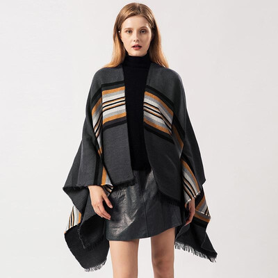 

Women Poncho Cardigan Sweater Contrast Color Striped Cashmere Capes Shawl Scarf Outerwear