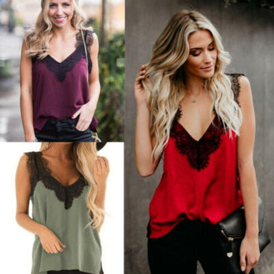 

Women Lace Vest Sleeveless Loose Camisole Casual V-Neck Tank Tops Blouse T-Shirt