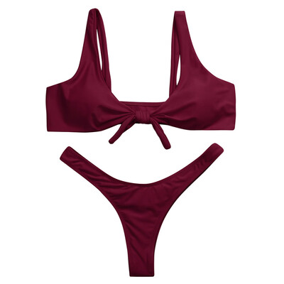 

Roseonmyhand Women Knotted Padded Thong Bikini Mid Waisted Scoop Swimsuit Beach Swimwear