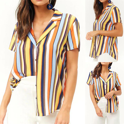 

Roseonmyhand Summer Women Shirt Casual Short Sleeve T Shirt Ladies Printed Striped Blouse