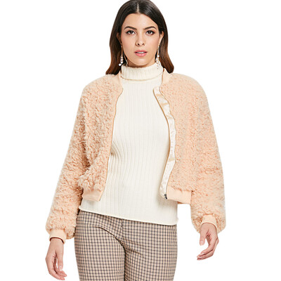

Stand Collar Long Sleeve Spliced Faux Fur Coat Women Short Jacket