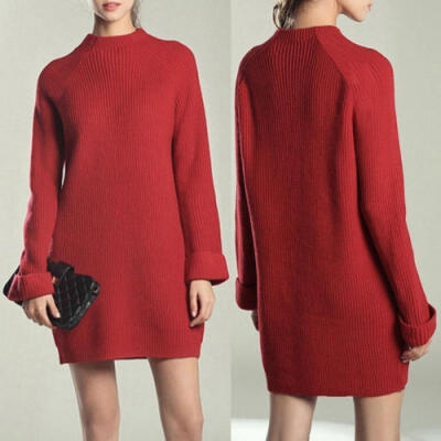 

Fashion Women Winter Thick Warm Long Sleeve Solid Color Casual Knit Elastic Sweater Turtleneck Sweater Skirt