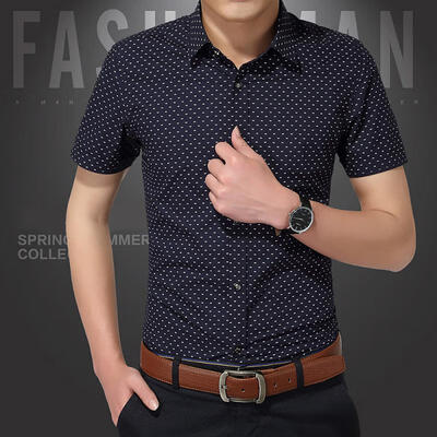 

Mens Casual Short Sleeve Cotton Shirts Dot Print Button Down Slim Shirts