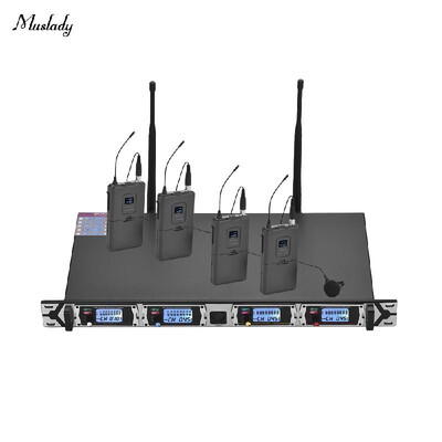 

Muslady D4-1 Professional 4-Channel UHF Wireless Microphone System Includes 4 Lapel Microphones with Bodypack Transmitters 1 Rac