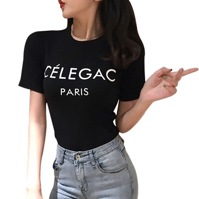 

Korean Cosy Summer T shirt Woman Spring O Neck Cotton Blend T-Shirt Letter Print Short Sleeve Slim Tshirt Women harajuku