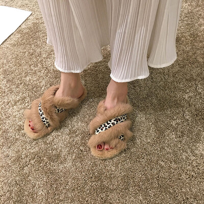 

Mingyuanfeng sandals for women wearing autumn-style Korean leopard-print fur shoes with open toes&flat soles