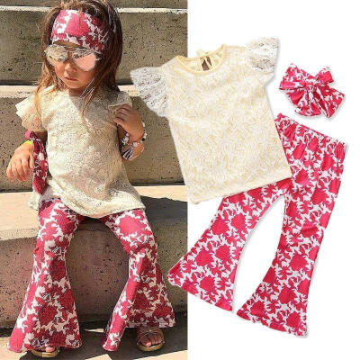 

Toddler Kids Baby Girl Lace Tops Floral Pants Headband Outfits 3Pcs Set