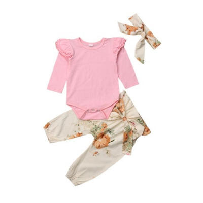 

3Pcs Fashion Baby Girls Clothes Romper TopsLong Pants Outfits Set Tracksuit 0-24M