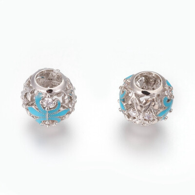 

Brass European Beads Large Hole Beads with Micro Pave Cubic Zirconia&Enamel Rondelle with Fleur-de-lis Platinum SkyBlue