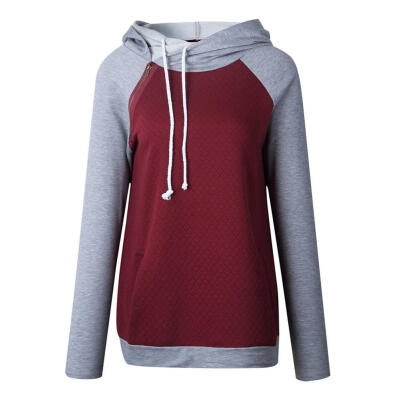 

Fashion Splicing Color Women Hoodie Slim Fit Slant Zipper Drawstring Tops