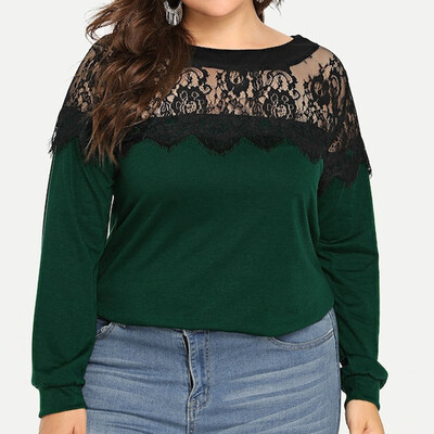 

Roseonmyhand Fashion Women Casual Solid O-Neck Lace Hollow Out Patchwork Long Sleeve Tops