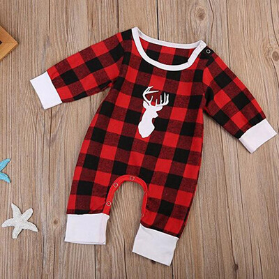 

Toddler Baby Boy Girl Deer Head Printing Grid Pattern Romper Outfit Babysuit