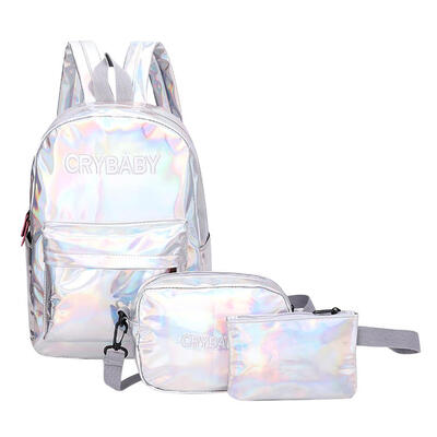 

3pcsSet Letters Unisex Street Laser Leather Backpacks Student Shoulder Bag