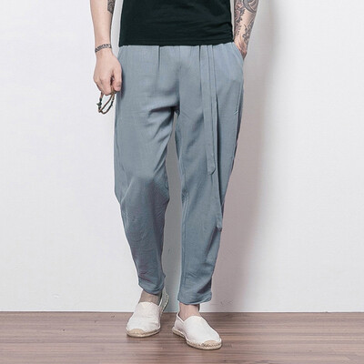 

Gobestart Mens Casual Linen Breathable Loose Long Pants Solid Color Straight Trousers