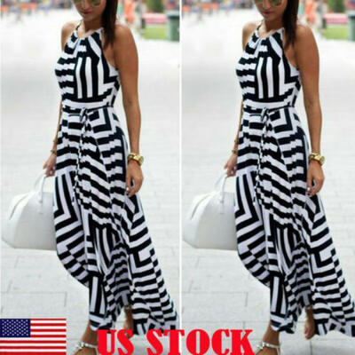 

Women Sexy Summer Boho Striped Sleeveless Maxi Dress Beach Style Strap Sundress
