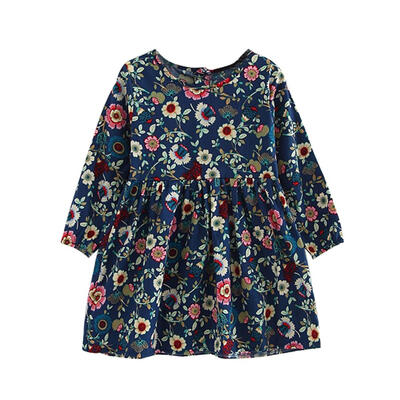 

Children Girl Cute Flowers Print Long Sleeve Pleated Dress Princess Clothes