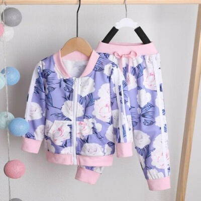 

Autumn Toddler Kids Baby Girls Zipper Tops Coat Pants Floral Outfit Set Clothes
