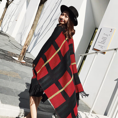 

Autumn&winter scarf wild plaid ladies travel shawl imitation cashmere Europe&the United States foreign trade national wind split thick cloak