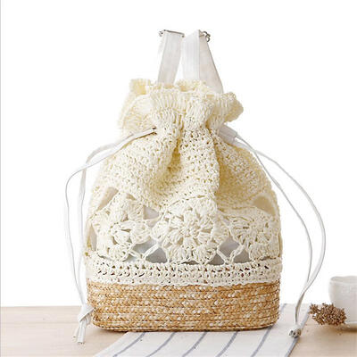 

Women Backpack Summer Drawstring Lace Crochet Straw Beach Bags Hollow Out Flower Handmade Knitted Backpack