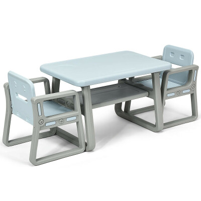 

Kids Table&2 Chairs Set with Storage Shelf-Blue