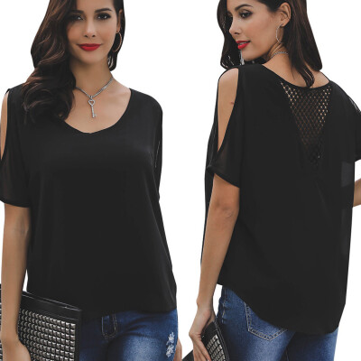 

Nomeni Women Casual Daily Short Sleeve Soild Loose Lady Off Shoulder Shirt Tops Blouse