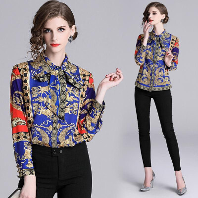 

L XL XXL vintage new spring 2019 women blouse shirt long sleeve blue red digital print office top bow lady