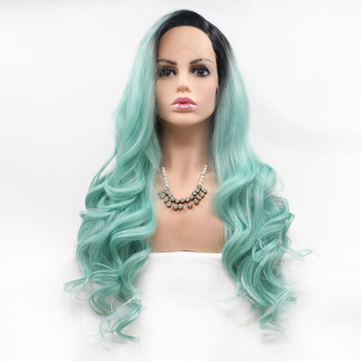 

Amazing Star Lace Frontal Wigs Light Green Long Wavy Hair 13x3 Hand Tied Side Part Lace Frontal Synthetic Hair