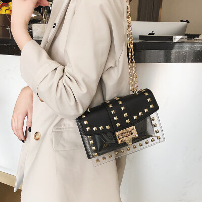 

Small clear Brand Designer Woman 2019 New Fashion Messenger Bag Chains Shoulder Bag Female Rivets Transparent Square PU Handbag