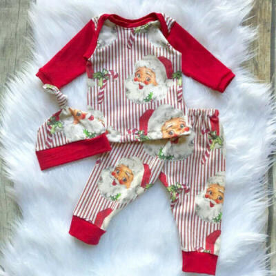 

UK Christmas Newborn Kid Baby Boy Girl Santa Claus Top Pants Hat Outfits Clothes