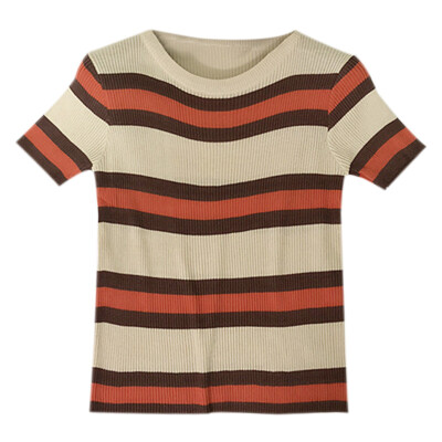 

Women Summer Casual Comfortable Short Sleeve Rainbow Stripe Slim Fit Knitwear T-shirt