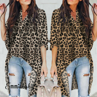 

Women V Neck Plus Size Leopard Print Long Sleeve Loose T Shirt OL Tops Blouse