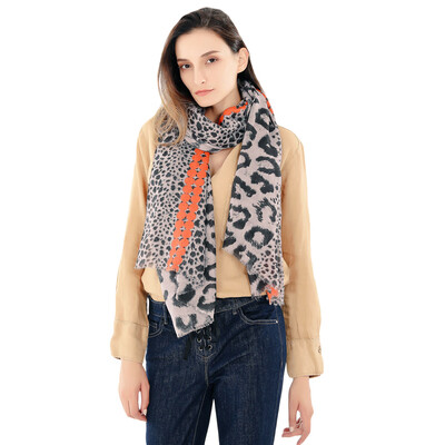 

Trendy Leopard Dot Print Color Blocking Frayed Shawl Women Large Scarf