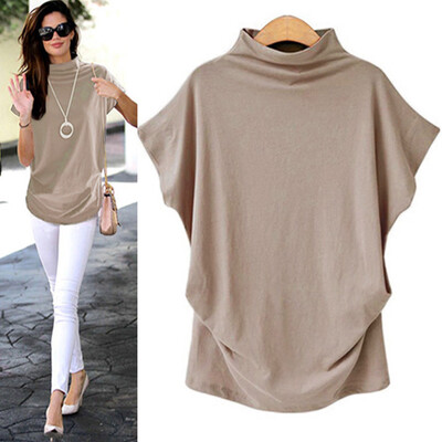 

Nomeni Women Turtleneck Short Sleeve Cotton Solid Casual Blouse Top T Shirt Plus BKL
