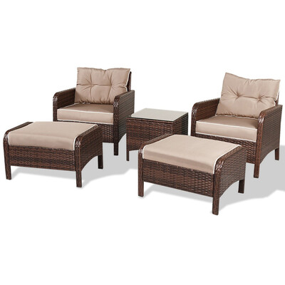 

5 pcs Patio Rattan Sofa Ottoman Furniture Set w Cushions