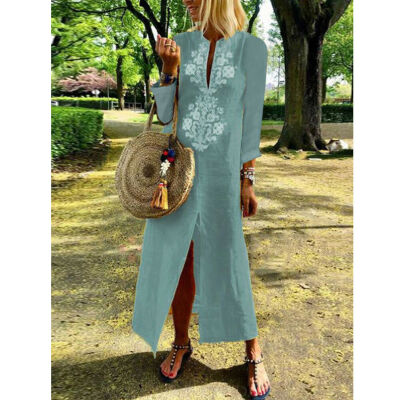 

Womens Fashion Kaftan Cotton Linen Long Sleeve Casaul Maxi Long Shirt Dress