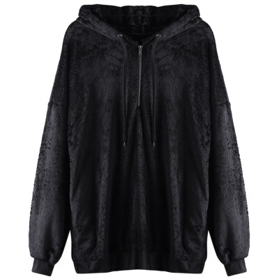 

Hooded Long Sleeve Fleece Loose Zipper Pocket Solid Color Women Hoodie