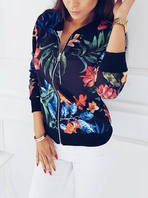 

Fashion Womens Retro Floral Zipper Bomber Jacket Baseball Casual Coat Outwear