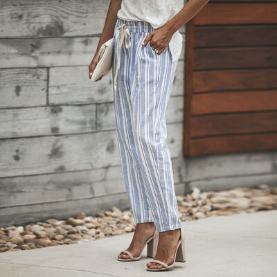 

Women Striped Printed Drawstring Elastic Long Pants Stripped Pencil Trousers