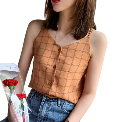 

2019 Women Summer V Neck Plaid Tops Women Sleeveless Button Beach Casual Tank Tops Vest Female Sexy Strap Chiffon Tops