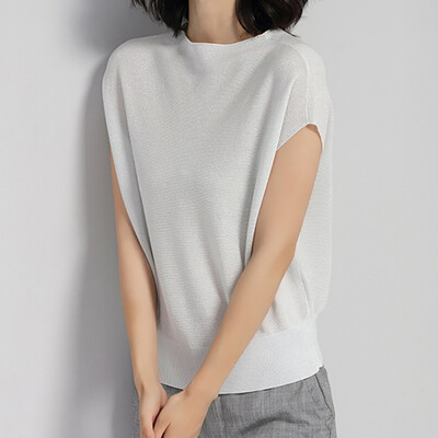 

Womens Fashion O Neck Solid Short Knitted Ice Silk Slim Pullover T-Shirt
