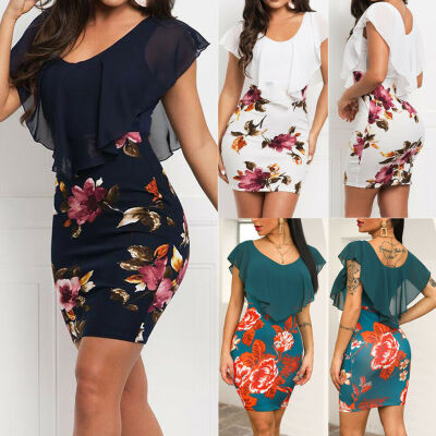 

Summer Women Floral Ruffled Neck Bodycon Dress Sexy Club Evening Party Sundress