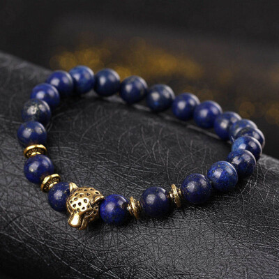 

1Pcs Gold Color Leopard Head Bead Bracelet Natural Stone Lava Matte Tiger Eye Men&Women Male Punk Bracelets