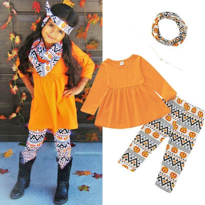 

Halloween Toddler Kids Girl Outfits 3 Pieces Set Orange Long Sleeve T Shirts Pumpkin Elf Print Leggings Pants Scarf Winter W