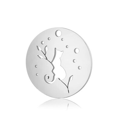 

304 Stainless Steel Peandants Flat Round with Cat Stainless Steel Color 20x1mm Hole 15mm