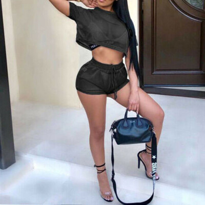 

Women 2 Piece Hollow Mesh Crop Top Shorts Set Jumpsuit Romper Short Sleeve